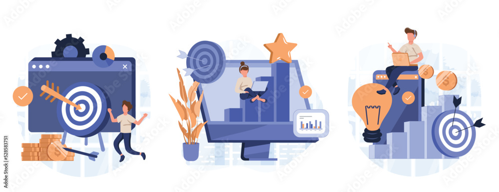 Business goals illustration set. Characters setting task, goal and target to achieve, planning action and way to success. Personal development and self motivation concept. Vector illustration. Business goals illustration set. Characters setting task, goal and target to achieve, planning action and way to success. Personal development and self motivation concept. Vector illustration.