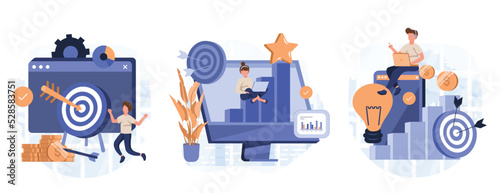 Business goals illustration set. Characters setting task, goal and target to achieve, planning action and way to success. Personal development and self motivation concept. Vector illustration.