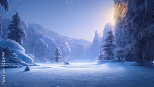 Fantasy winter landscape, frozen river, trees in the snow. Beautiful winter background. Magic fairy tale neon landscape, winter forest, portal, magic. 3Dillustration. © MiaStendal