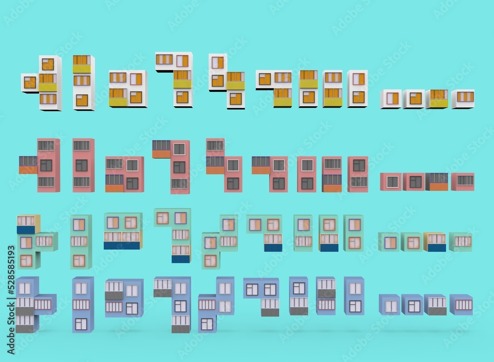 tetris from blocks of houses and windows isolated on blow background 3d-rendering