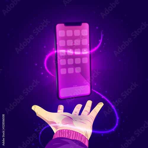 mobile phone floating with arm trying to take it, pink and purple background with neon lights in magenta tone, vector illustration