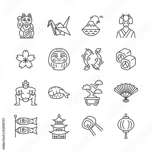 Japan line icon set. Japanese traditional vector sign with sakura, origami, maneki neko cat, daruma, koi fish, sushi, pagoda, sumo wrestler, geisha. Editable stroke.