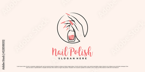 Nail polish logo design for nail art studio with circle concept and creative element Premium Vector
