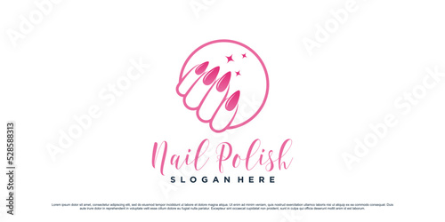 Nail polish logo design for nail art studio with circle concept and creative element Premium Vector
