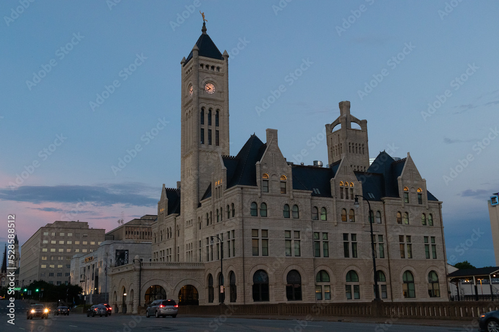 Union station in downtown Nashville. This beautiful building looks just like a castle from medieval times. This old time stone constructed place was once a railroad terminal in the early 1900s.
