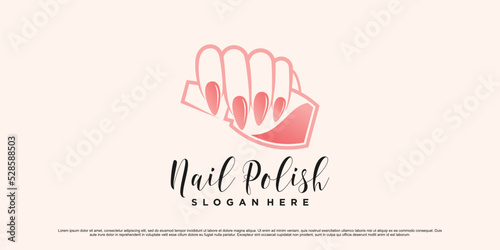 Nail polish and manicure logo design with woman hands and bottle icon Premium Vector
