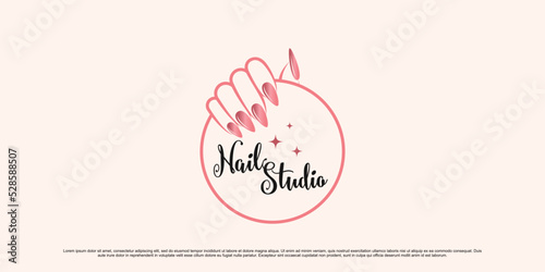 Nail and manicure logo design for nail salon with emblem style and creative element Premium Vector