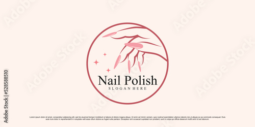 Nail and manicure logo design for nail salon with emblem style and creative element Premium Vector