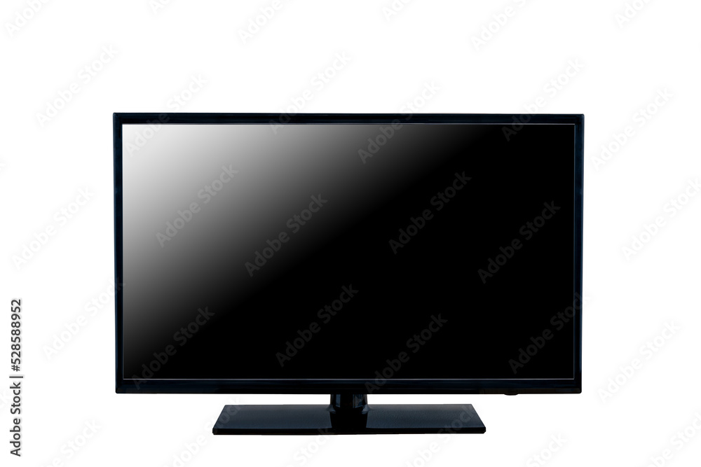 Front view, flat TV LCD monitor with black screen, isolated on white background. TV monitor screen, clipping path. Front view, flat TV LCD monitor with black screen, isolated on white background. TV monitor screen, clipping path.