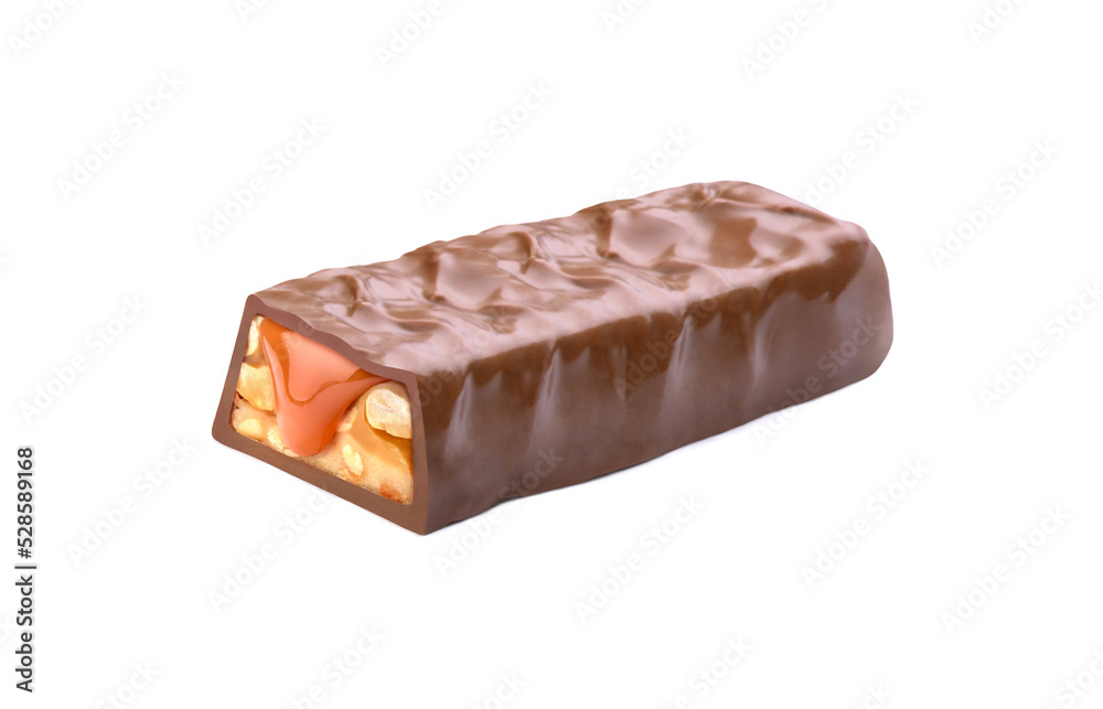 chocolate bar with a drip of caramel on a white background