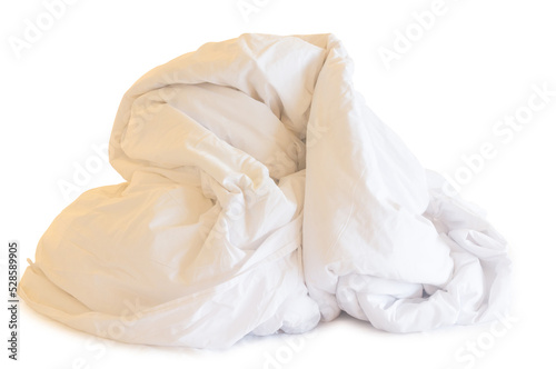 White blanket in hotel room leaved untidy after guest's use over night isolated on white background with clipping path