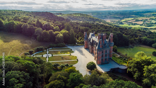 Print op canvas Aerial view of the Castle of Trévarez in Brittany, France - Red brick neo-gothic