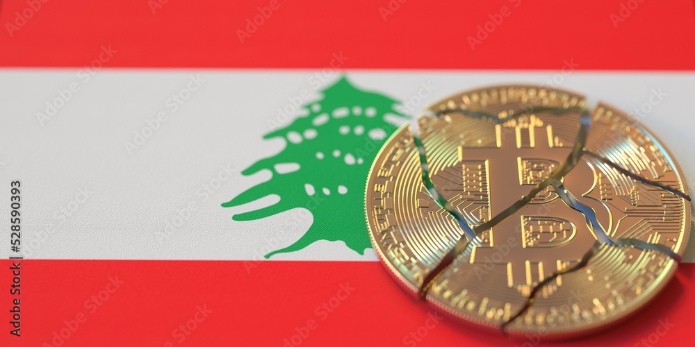 Broken bitcoin on the flag of Lebanon. Legal issues and cryptocurrency regulations problems concepts, 3d rendering Broken bitcoin on the flag of Lebanon. Legal issues and cryptocurrency regulations problems concepts, 3d rendering