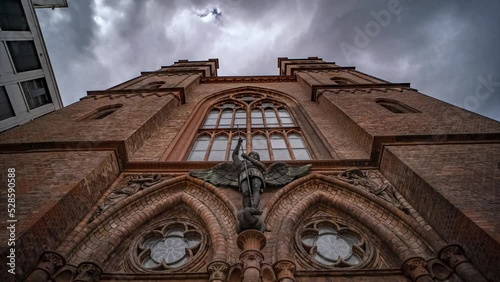 Time-lapse with clouds, church temple Angel statue to sky view, Berlin church 4k photo