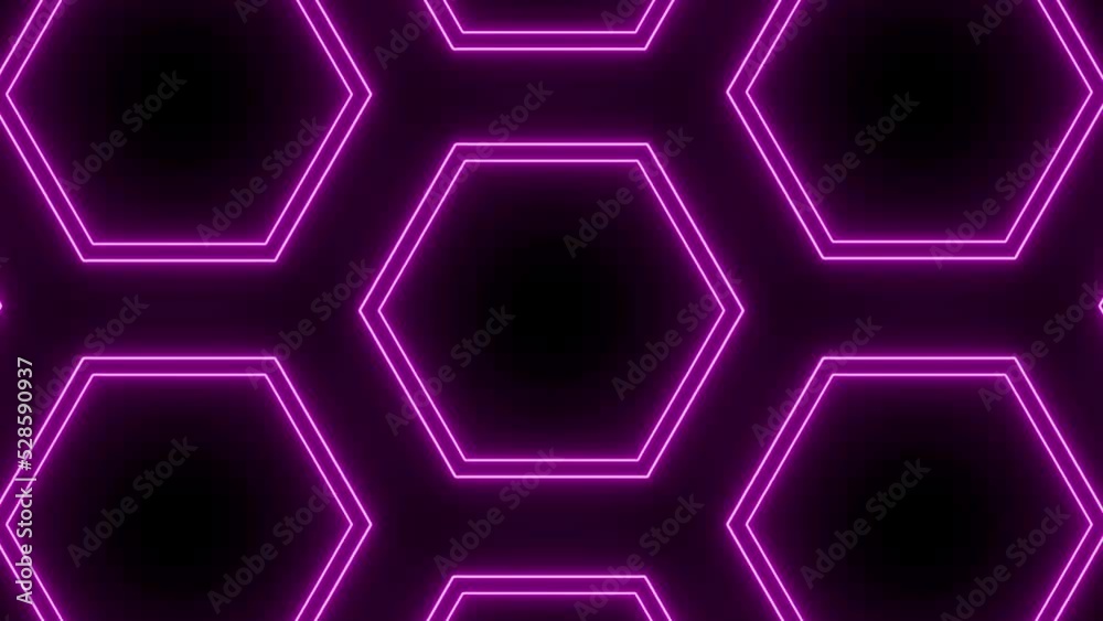 4K Glowing Neon Light Futuristic surface concept with Colorful Moving hexagons. Trendy sci-fi technology background with hexagonal pattern. Seamless loop. Geometric Hexagon Pattern.