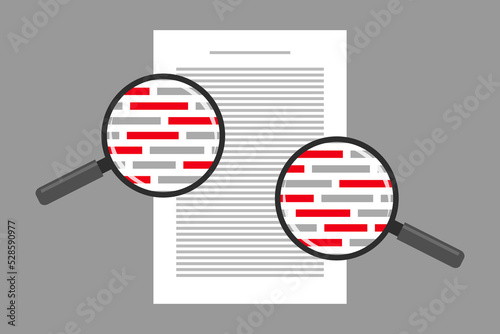 Document and red markings seen through magnifiers, spelling check