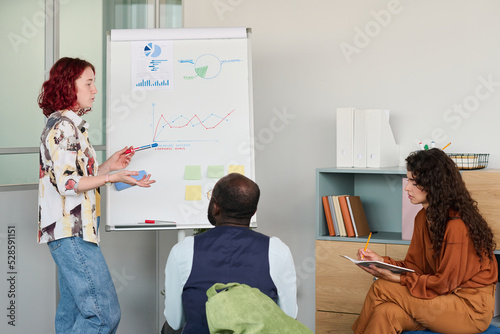 Bilde på lerret Young confident broker in casualwear pointing at whiteboard with financial graph