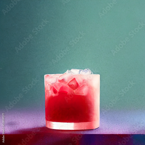 glass with red drink and ice