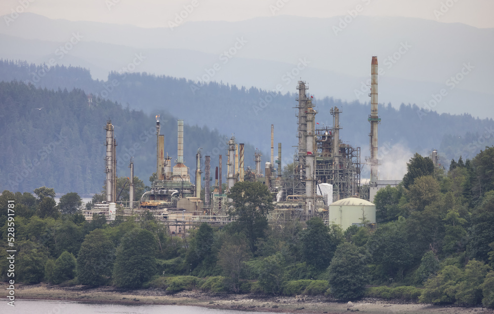 Oil Refinery Industry in Vancouver, British Columbia, Canada. Cloudy Rainy Day.