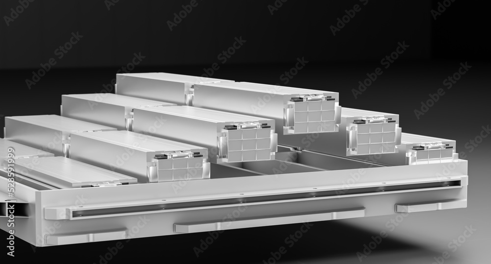 Electric vehicle lithium ion rechargeable battery module inside metal enclosure packed for car, solid li-ion cell pack manufacturing for ev automotive energy storage industry 3D rendering Electric vehicle lithium ion rechargeable battery module inside metal enclosure packed for car, solid li-ion cell pack manufacturing for ev automotive energy storage industry 3D rendering