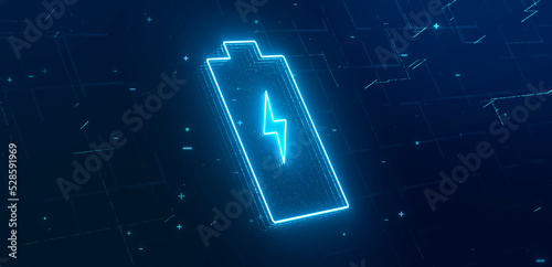 Digital lithium-ion rechargeable battery symbol, high voltage charging energy storage with glowing blue neon lightning particle icon, 3d rendering futuristic alternative energy technology concept
