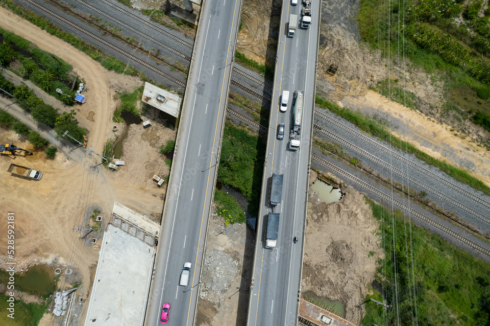 aerial view of highway with car, road top view, transportation