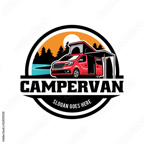 camping car camper van with pop up tent and awning illustration logo vector