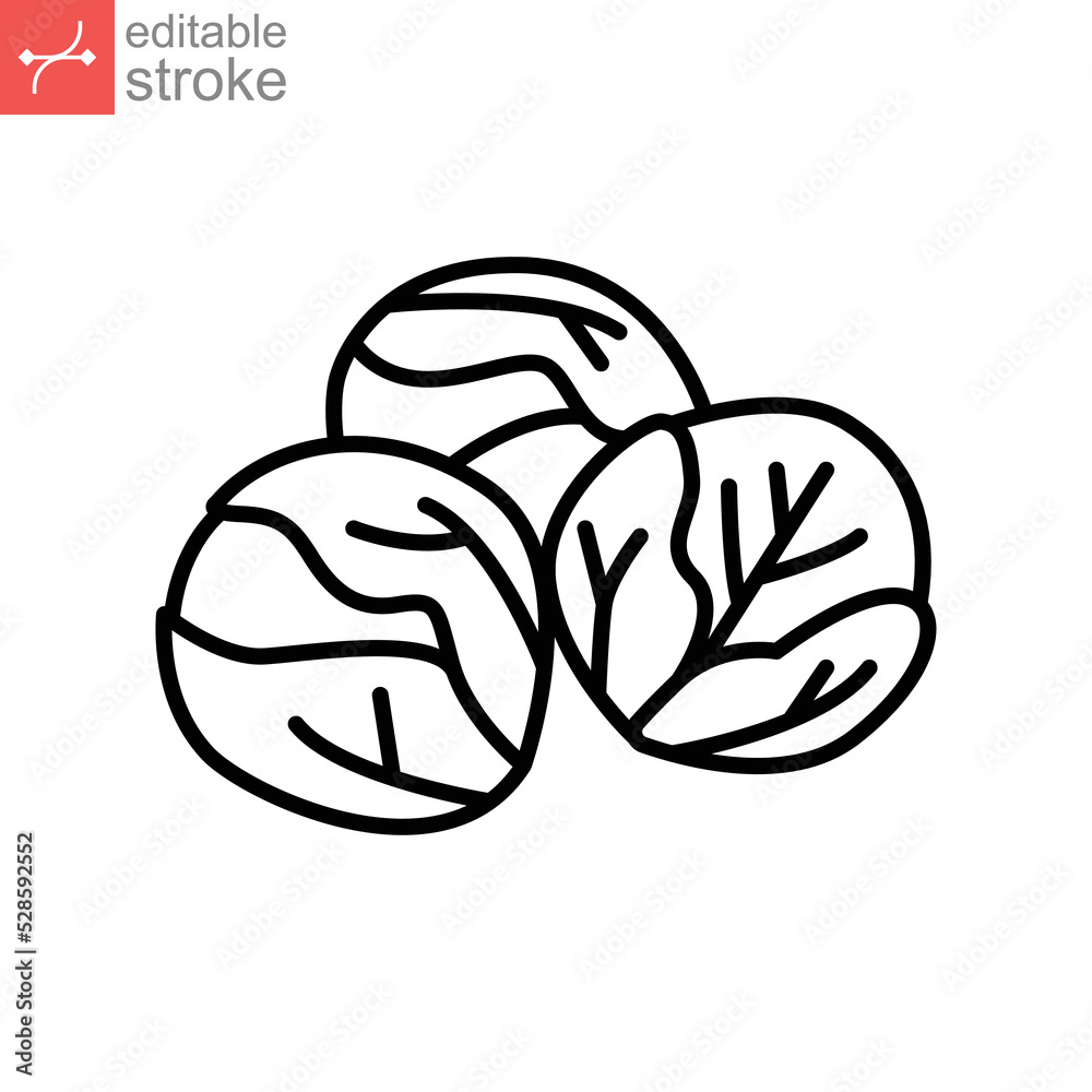 Brussels sprouts icon. Green Leaf vegetable. Cabbage nature food veggie, healthy diet vegetarian logo. Editable stroke outline style pictogram vector illustration design on white background. EPS 10 Brussels sprouts icon. Green Leaf vegetable. Cabbage nature food veggie, healthy diet vegetarian logo. Editable stroke outline style pictogram vector illustration design on white background. EPS 10