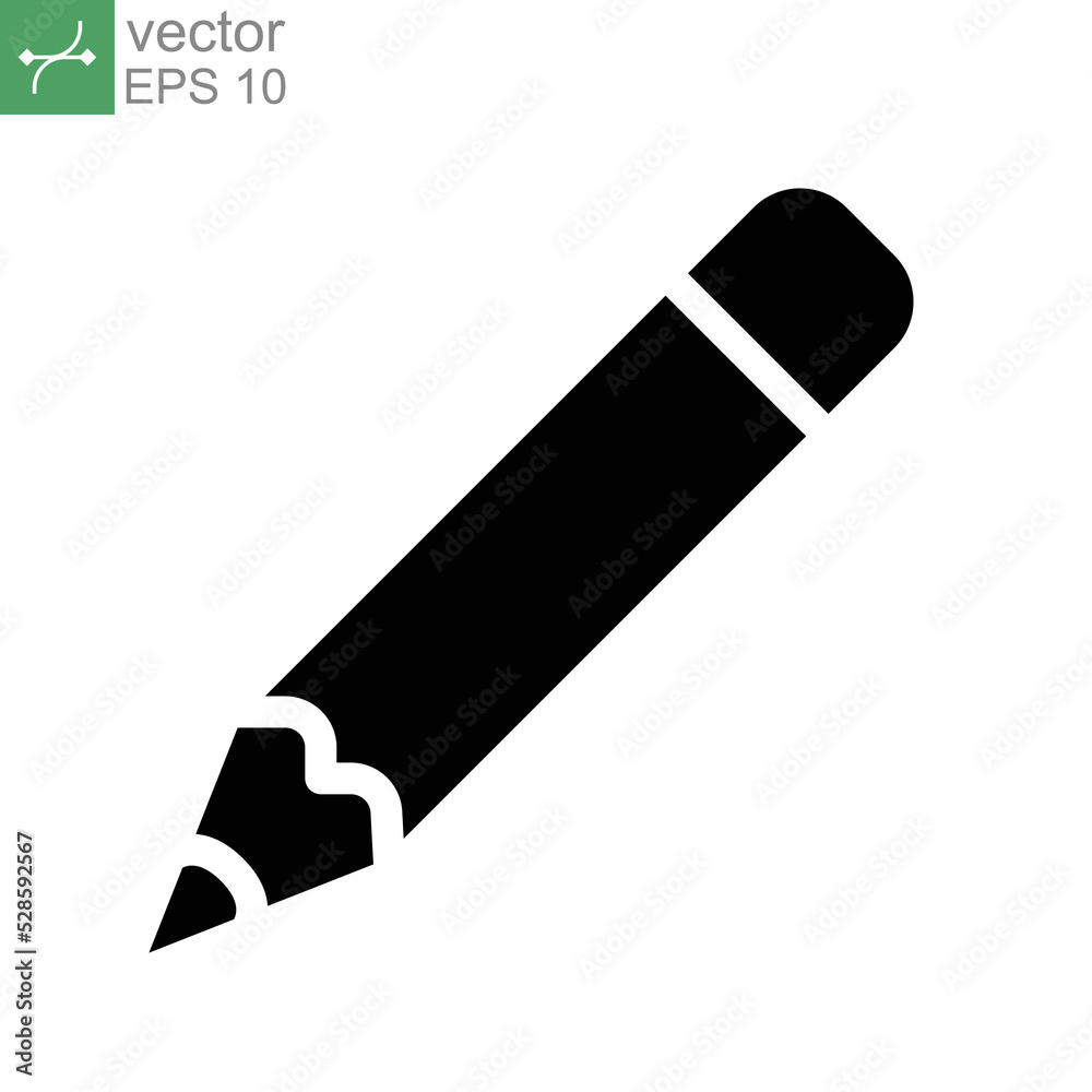 Pencil icon. Write, writing note symbol for education, office, and school. Pen study equipment tool. Solid style pictogram in black logo.  Vector illustration. Design on white background. EPS 10