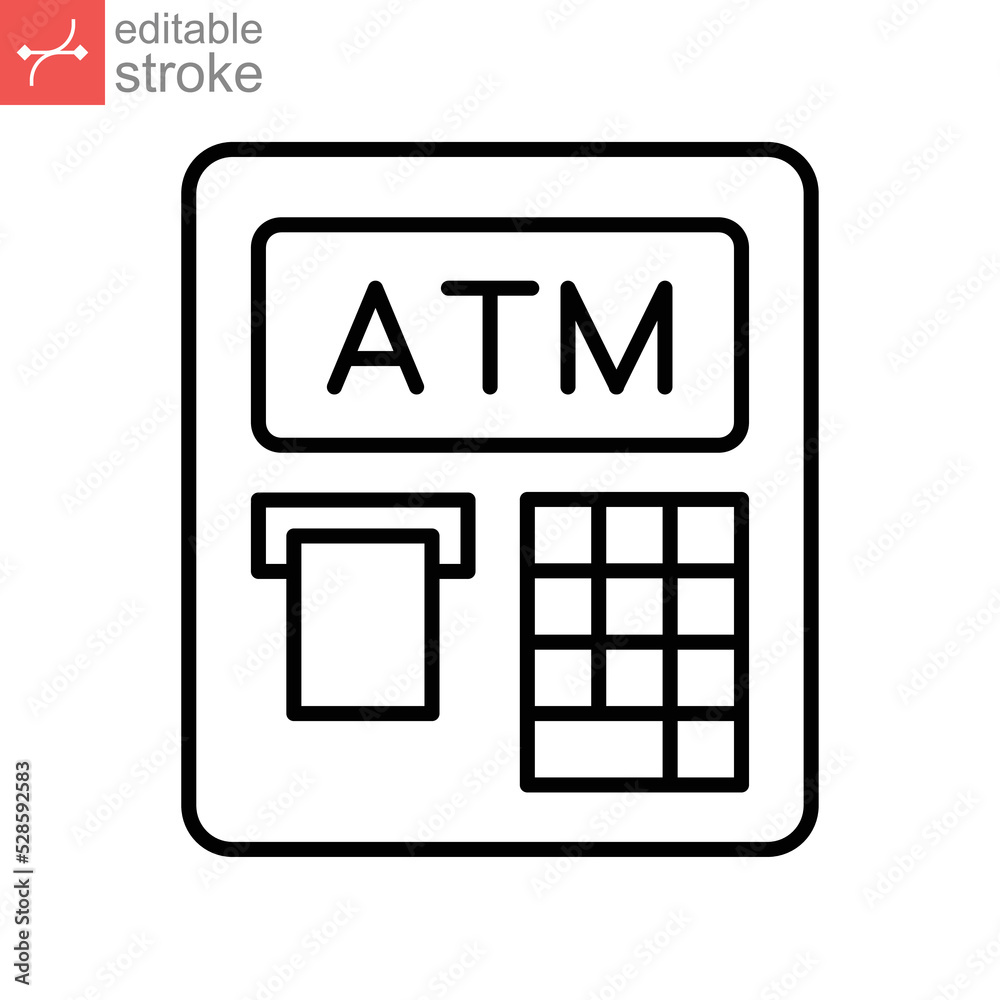 Atm icon, machine bank. outline style. Credit Debit for shopping and e Commerce sign for banking apps websites. automated teller editable stroke vector illustration design on white background EPS 10 Atm icon, machine bank. outline style. Credit Debit for shopping and e Commerce sign for banking apps websites. automated teller editable stroke vector illustration design on white background EPS 10