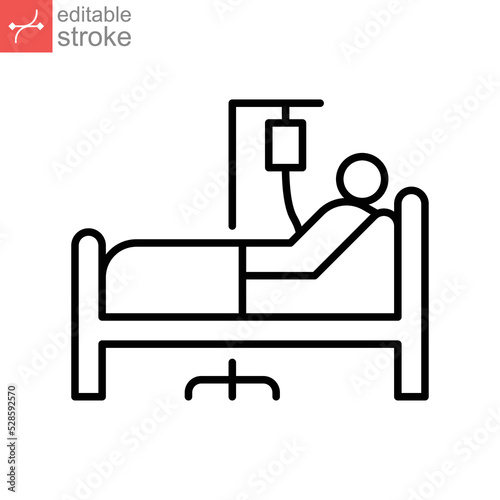 Patient bed icon. Medical treatment. Person in hospital bed. Man having infusion. lying on stretcher bed, recovery outline style editable stroke. Vector illustration Design on white background EPS 10 