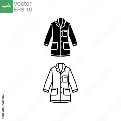 Lab coat icon, white, doctor, medical laboratory uniform. Scientist, chemist protection wear. surgery jacket Chemistry. Line and solid style. Vector illustration Design on white background. EPS 10