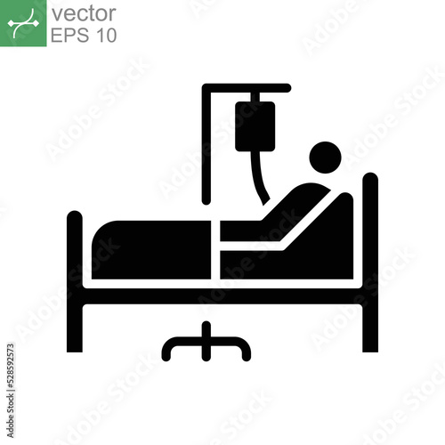 Patient bed icon. Medical treatment. Person in hospital bed. Man having infusion and lying on stretcher bed for recovery. solid style. Vector illustration. Design on white background. EPS 10