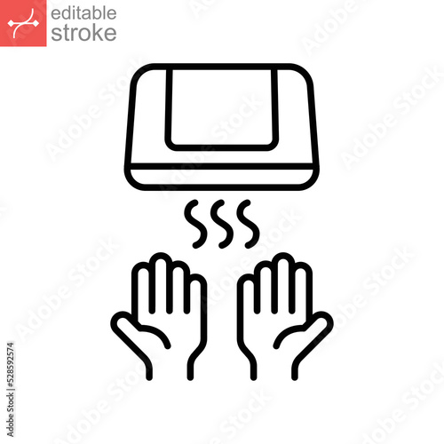 Hand dryer icon, dry, air, machine, bathroom equipment. Automated touchless drying hands restroom with sensors. Outline style. editable stroke. vector illustration. design on white background. EPS 10