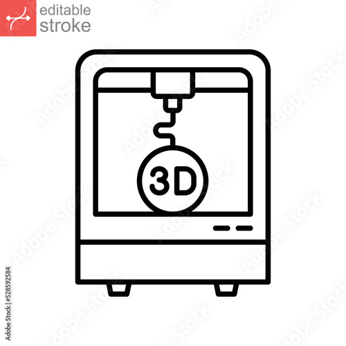 3d printing icon, Three print, printer, manufacturing New Product Development, future technology symbol. Modern outline style. editable stroke vector illustration design on white background. EPS 10