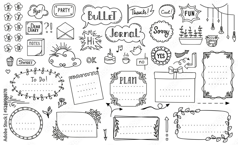 Doodle bullet journal diary notebook hand drawn frames, vector calendar elements. Bullet journal banners, and calendar planner sketch line borders, school stickers or page list ribbons with arrows Doodle bullet journal diary notebook hand drawn frames, vector calendar elements. Bullet journal banners, and calendar planner sketch line borders, school stickers or page list ribbons with arrows