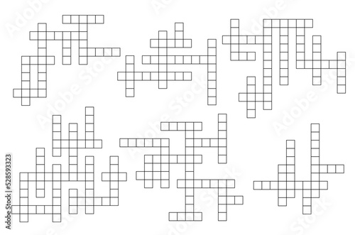 Crossword game grid, vector cross word puzzle layout, intellectual worksheet templates with empty boxes. Word guess quiz with blank square cells. Rebus, brainteaser, riddle for recreational leisure