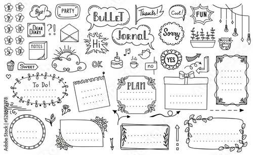 Doodle bullet journal diary notebook hand drawn frames, vector calendar elements. Bullet journal banners, and calendar planner sketch line borders, school stickers or page list ribbons with arrows