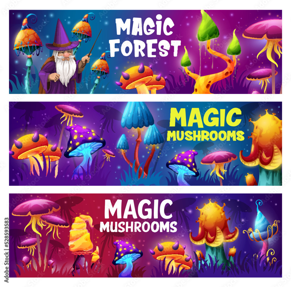 Fototapeta premium Magic mushrooms and wizard in fantasy forest. Cartoon vector banners with old sorcerer and magic fungi in fairy wood. Cards with strange unusual fairytale plants, alien nature and magician with wand