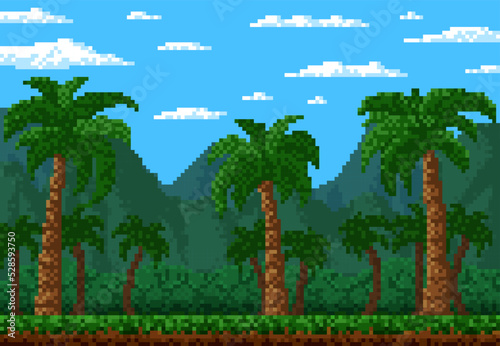 Jungle forest 8 bit pixel game level landscape with palms, vector cartoon background. 8bit pixel art or arcade video game background of rainforest palm trees, mountains of tropical island nature