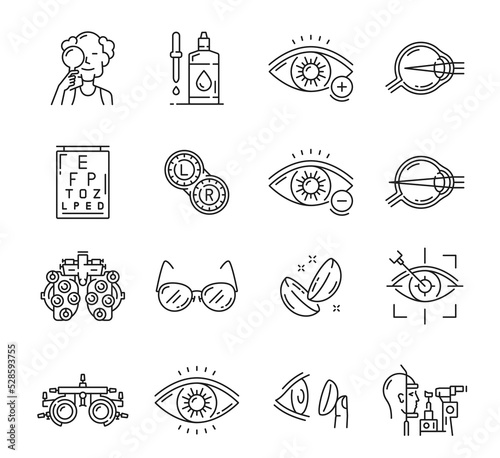 Optometry icons. Laser surgery, eye, phoropter, ophthalmology thin line symbols. Eyesight examination, optometry equipment outline vector icons with eyeball lasic, glasses and contact lens, tonometer