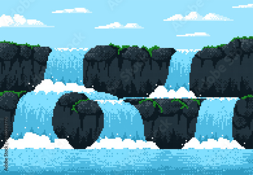 8 bit pixel game waterfall cascade landscape, video arcade vector background. 8bit pixel art water fall with splashes from mountain rock or volcano island, for game level and cartoon interface