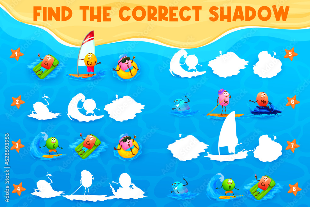 Find the correct shadow of cartoon vitamin and mineral characters on beach vacation. Kids game puzzle vector worksheet with cute vitamin and mineral pills swimming, riding surfboard, sailboat, jet ski Find the correct shadow of cartoon vitamin and mineral characters on beach vacation. Kids game puzzle vector worksheet with cute vitamin and mineral pills swimming, riding surfboard, sailboat, jet ski