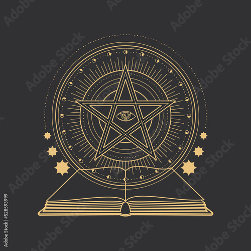 Pentagram, occult esoteric and magic tarot symbol of eye in pentacle star, vector circle. Black magic spell book in pentagram, occultism and witchcraft cult ritual sign with sun and moon constellation