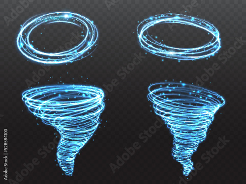 Light tornado effect, shine particles swirl and glitter glow whirlwind, vector magic wind. Light tornado or vortex twister of blue neon spiral sparks, sparkling light particles in twirl funnel glow