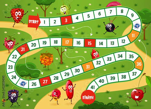Board game, cartoon funny berry characters on vacation. Vector kids boardgame with strawberry, cranberry, raspberry and gooseberry, rosehip, currant, blackberry or barberry with cloudberry