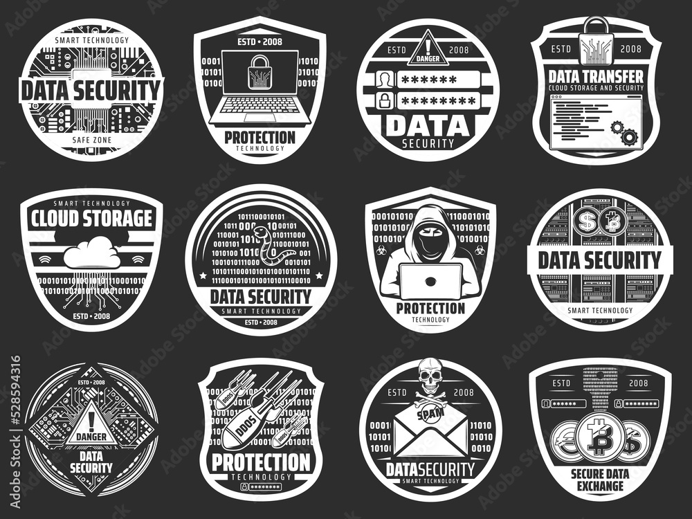 Internet security, data storage and hacker attack protection vector icons set. Information privacy, cloud storage secure access smart technology. Computer server, datacenter, computer network safety