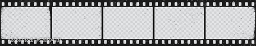 Old grunge movie film long strip, vintage filmstrip. Vector celluloid reel frame, photo negative picture or cinema slide with scratched borders, retro photography with grainy texture isolated film