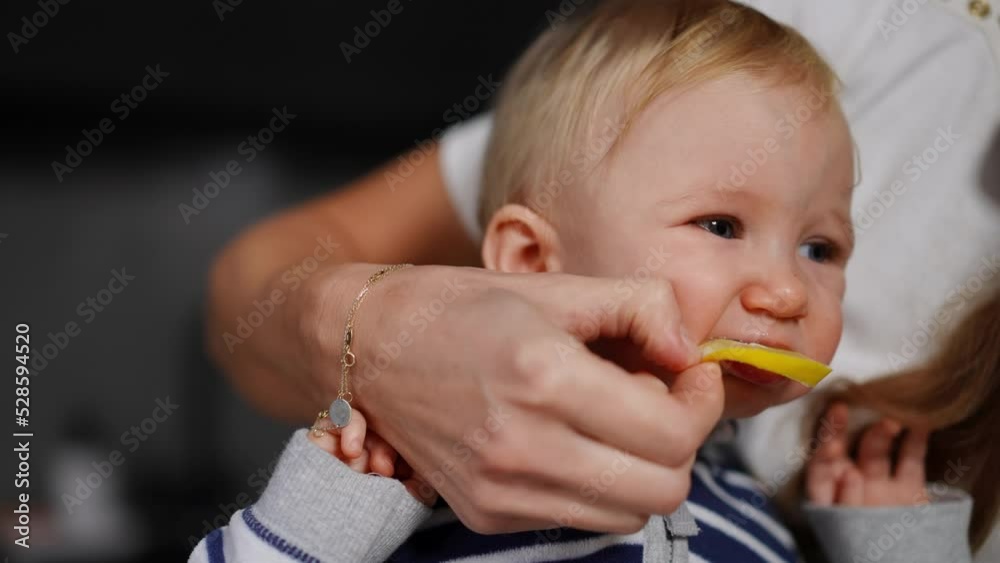 Close-up cute little baby girl biting sour lemon in hand of unrecognizable mother. Caucasian parent giving citrus fruit to kid as infant tasting organic vitamin food indoors at home Close-up cute little baby girl biting sour lemon in hand of unrecognizable mother. Caucasian parent giving citrus fruit to kid as infant tasting organic vitamin food indoors at home