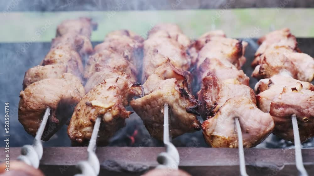 Skewers uncooked in nature on skewers in the open air. Shish kebab on the nature raw on the grill on a spit closeup. Shashlik shashlyk
Skewers uncooked in nature on skewers in the open air. Shish kebab on the nature raw on the grill on a spit closeup. Shashlik shashlyk